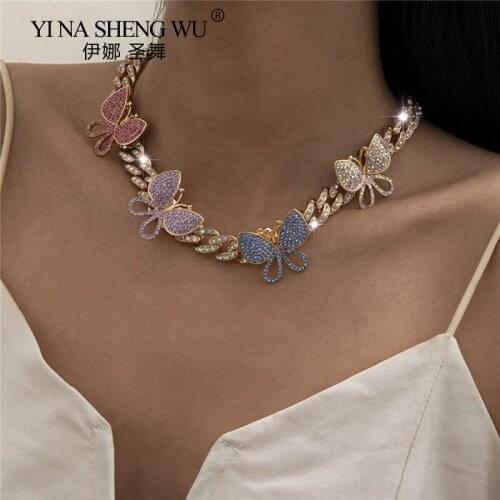 Punk Crystal Miami Cuban Chain Butterfly Necklace for Women Punk Luxury Rhinestone Thick Choker Necklace Fashion Jewelry Gifts