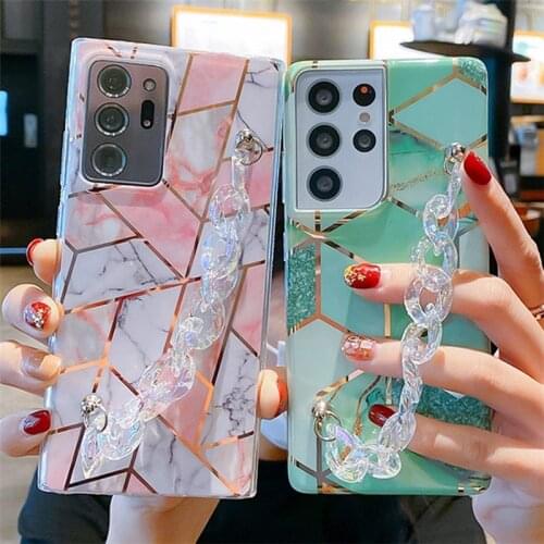 Plating Marble Crystal Chain Phone Case For Samsung A52 A72 A51 A71 A32 5G A12 S21 Plus S20FE S10 S9 S8 Note 20 Soft Back Cover
