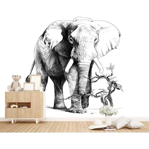 Custom wallpaper cartoon black and white sketch elephant TV background wall painting home decoration living room 3d wallpaper