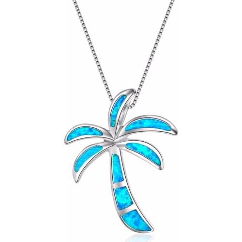 Luxury 925 Sterling Silver Blue Opal Coconut Tree Collar Collier Necklaces For Women Fashion Jewelry Gifts 2018