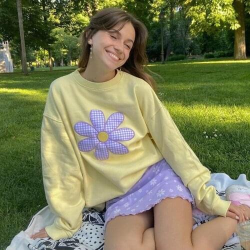 Floral Embroidery Crewneck Sweatshirt 2021 Autumn Cotton Sweet Long Sleeve Pullovers Vintage Loose Casual Clothes Streetwear