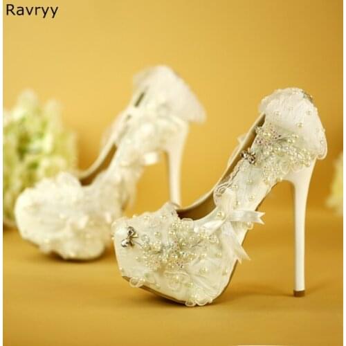Wedding Shoes white woman high heel bling bling crystal pearl decor stiletto sexy pumps platform heels party feamle dress shoes