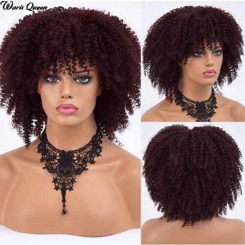 Wine red With Bangs Synthetic Kinkly Curly Wigs for Women Nature Short Afro Cosplay Heat Resistant Glueless Wig