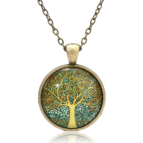Vintage Tree of Life Gold Chain Necklace For Women Punk Glass Cabochon Round Pendant Necklace Men Jewelry collares