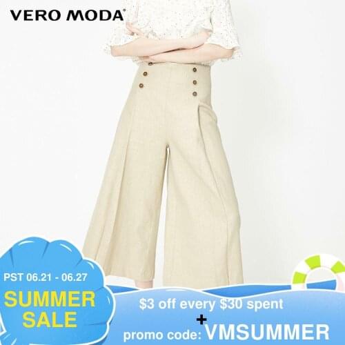 Vero Moda Womens OL Style 62.8% Ramie Decorative Buttons Wide-leg Pants | 31926J527