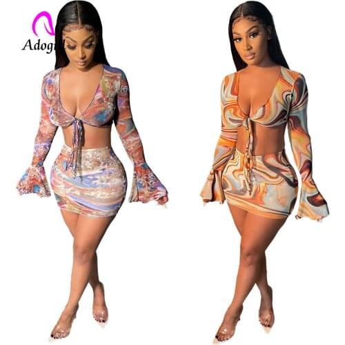 Paisley Women Twist Skirt Set 2021 Summer Deep V Neck Crop Top + Skinny Skirt Matching Set Sexy Club Party 2 Piece Activewear