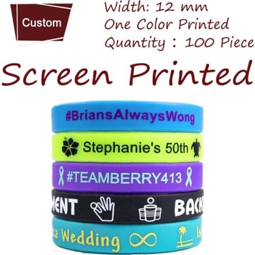 100pcs 12mm width Silk Print One Color Printed Silicone Bracelets Custom Screen Printed Wristband for Promotion Gift
