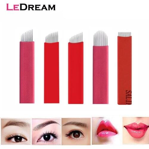 20PCS/lot Red 9 12 14 18 21 Pin Flat Slant Microblading Tattoo Needles Blade Cartridges For Permanent Eyebrow Makeup Manual Pen