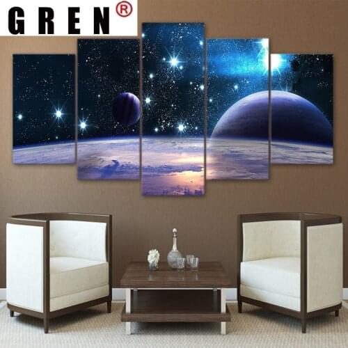 GREN Abstract 5 Panels Canvas Paintings Posters Prints Universe Galaxy Reflection Space Wall Art Pictures Home Decor Living Room