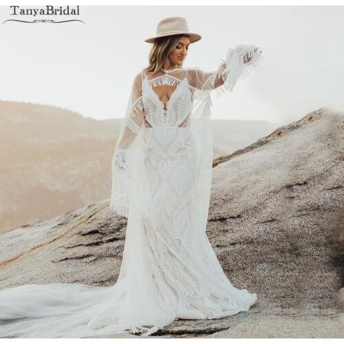Bohemian Lace Wedding Dresses Mermaid Elegant Bridal Gowns Romantic Vestido de noivas With Detachable Cape DW459