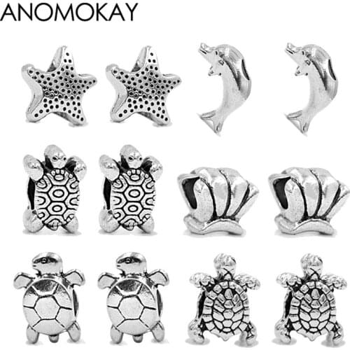 ANOMOKAY 12PCS/LOT Mix Style Silver Color Tortoise Dolphin Starfish Beads Combine fit Charm Bracelet DIY Bead & Jewelry Making