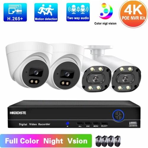 H.265 4K Video Surveillance System Kit 4CH POE NVR Kit 8MP HD Color Night Vision 2 Way Audio CCTV Camera Security System Kit POE