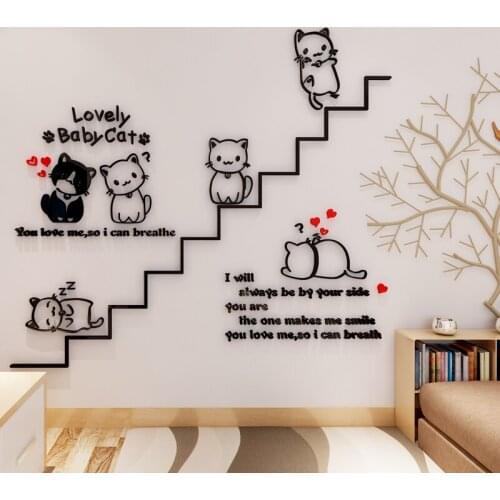Cute kitten acrylic TV backdrop wall sticker creative personality 3D stickers bedroom bedside background wall surface decoration