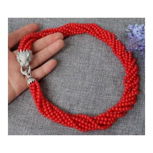 Fashion 8strands Red Coral Round necklace-zircon clasp
