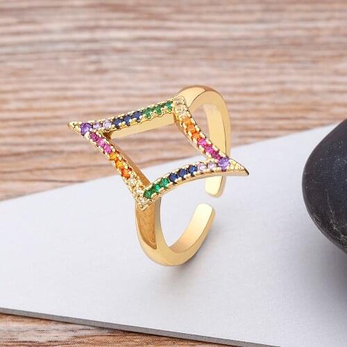 New Arrival Rhombus Shape Open Ring Copper Zircon Rainbow Color Geometric Jewelry Adjustable Size For Women Best Wedding Gifts