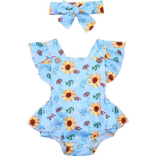New Baby Sunflower Print Clothes Set Flying Sleeve Square Collar Jumpsuit with Buttons + Bow-knot Headband