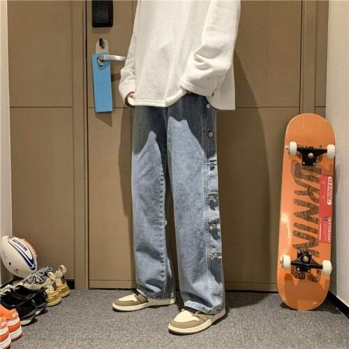 Double Button Straight Jeans Mens Fashion Streetwear Loose Casual Hip-Hop Pants Wide-Leg Harajuku Men And Women Overalls