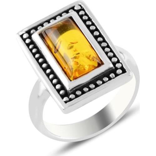 Silver 925 Sterling Natural Amber Gemstone Ring