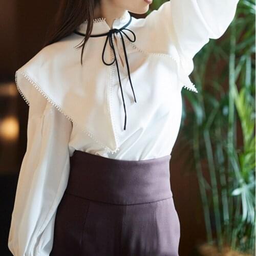 Chic Detachable Sailor Collar Bow Lace-up Chiffon Blouse Women Japanese Lantern Sleeve Casual Shirts 2021 Fall Ol Loose Blusas