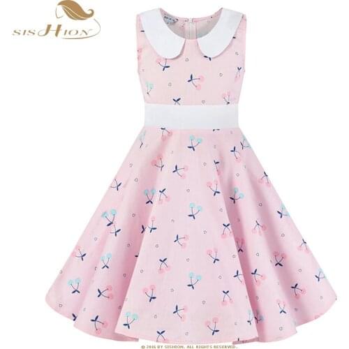 SISHION 2021 Vintage Dress for Children Kids VD1151 Pink Blue Swing Cotton Retro Cherry Floral Print Summer Dress for Girl Cute