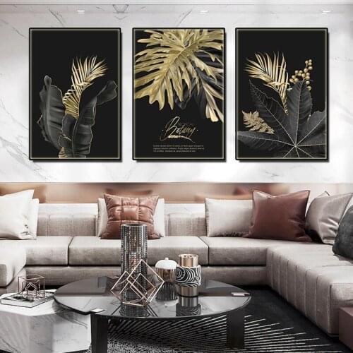 Nordic Luxury Black Gold Abstract Leaf Canvas Painting Plant Text Poster and Prints Wall Picture for Living Room Parlour Decor