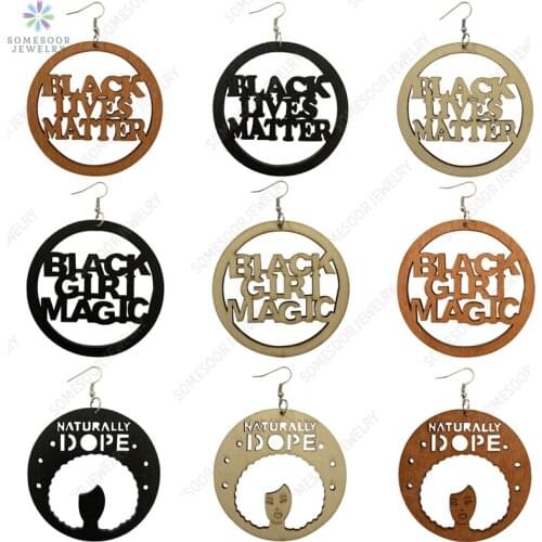 SOMESOOR Engraved Black Lives Matter Girl Magic African Ethnic Wooden Drop Earrings Naturally Dope Loops As Women Christmas Gift