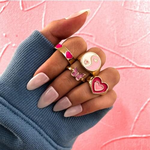 Vintage Red Color Hearts Ring For Women Fashion Metal Pink Butterfly Love Heart Rings Set Wholesale Jewelry