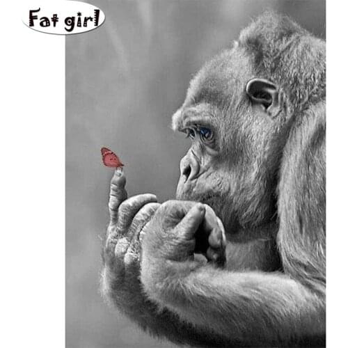 Embroidery diamond painting Gorilla and butterfly mosaic square round cross stitch Black and white mural home decor handicraft