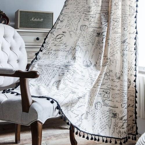 Letter Pattern Curtain With Tassel For Living Room Blinds French Windows Cotton Semi Blackout Finished Curtains