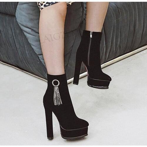 LAIGZEM Women Ankle Platform Boots Zip Up Thick High Heels Black Booties 2021Footwear Ladies Tassel Shoes Woman Size 37 38 43