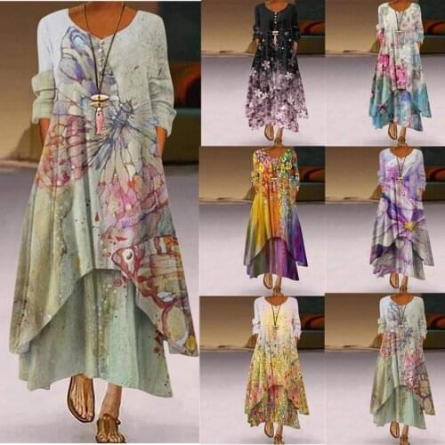 2021 Women Casual Loose Dresses Elegant V Neck Floral Print Boho Dress Autumn Long Dress Long Sleeve Pocket Dress for Women