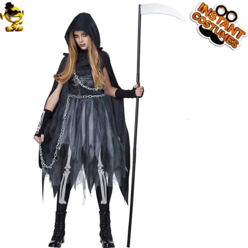 Halloween Women Reaper Costume Cosplay Carnival Girls Party Scary Skeleton Dress Outfits Suits for Adult Ladies Clothing
