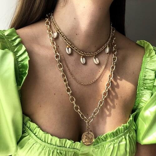 2021 New Fashion Boho Shell Head Coin Pendant Necklace For Women Multilevel Vintage Choker Gold Thick Chain Punk Jewelry Gift