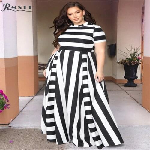 RMSFE 2021 Autumn European And American Womens Short Sleeve Loose Round Neck Horizontal Vertical Stripe Large Size Dress