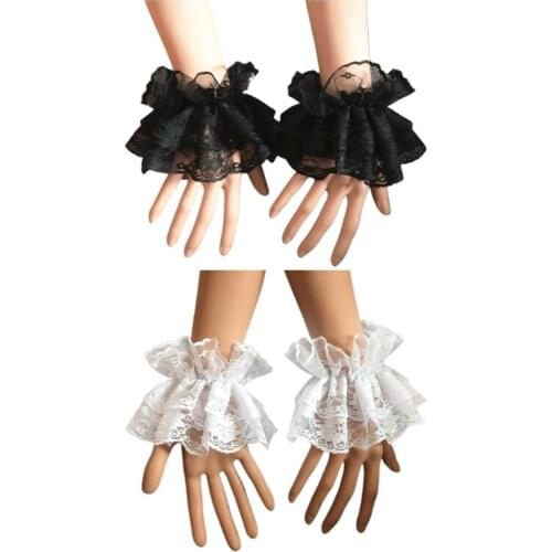 1 Pair Women Fake Hand Sleeves Wrist Cuffs Ruffled Floral Lace Elastic Bracelet Wristband Steampunk Lolita Wedding Party Prom C