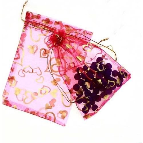 17*23cm 50pcs Rose Gold Heart Gift Bags For Jewelry/wedding/christmas Yarn Bag With Handles Packaging Organza Bags