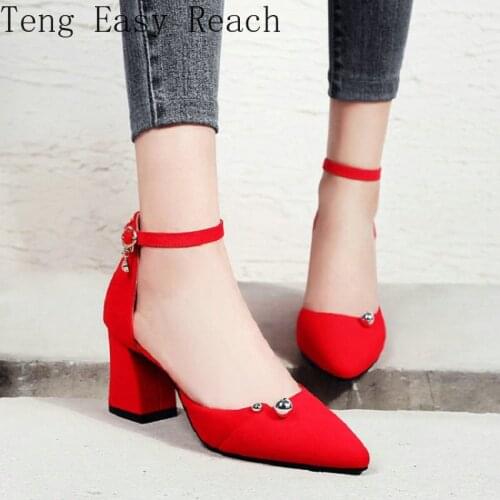 2021 Summer Flock Pointed Toe Black Red Block High Heels Ankle Strap Womens Sandals Sexy Pumps with Metal Bead Size 43