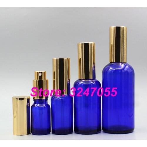 5/10/15/20/30/50/100ml Cosmetic Toner Fine Mist Bottle, Portable Blue Cosmetic Spray Bottle with Gold Cap, Perfume Atomizer Vial