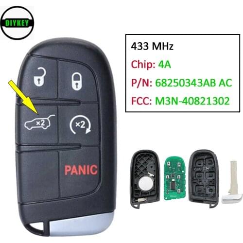 DIYKEY 5 Button Proximity Key Keyless Entry Remote for Jeep Compass 2017-2020 Fob 433MHz 4A Chip 68250343AB AC FCC:M3N-40821302