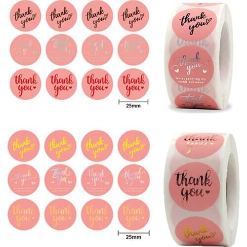 500pcs 2.5cm Gold Foil Color Thank You Sticker Pink Label Sticker Envelope Gift Business Package Sealing Decoration
