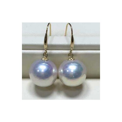 >>>>noble jewelry Big round 13-14 mm white &very luster zircon kasumi pearl golden 925s earring
