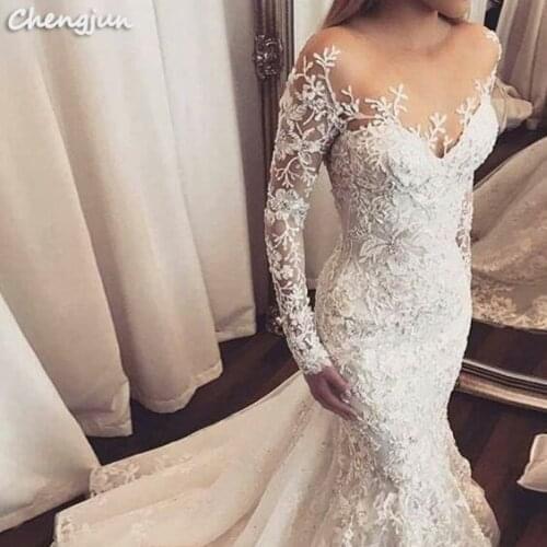 Chengjun Sexy Mermaid Long Sleeve Lace Wedding Dress
