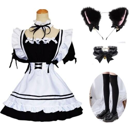 Anime Black Lolita Maid Costumes Uniform Girls Women Lovely Cat Maid Cosplay Waiter Costume Show Japanese Outfit Dress Clothes