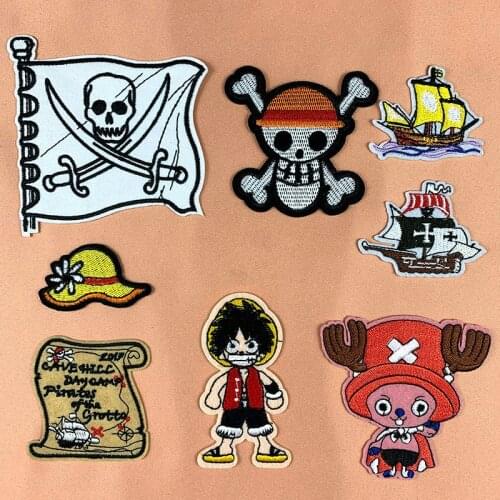 Childrens Appliques Cartoon Anime One Piece Luffy Pirate Symbol Funny Embroidery Cloth Stickers DIY Clothing Iron on Patch