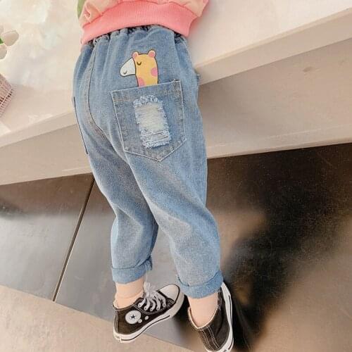 Childrens Jeans 2021 Spring Autumn New Baby Girls Korean Casual Denim Pants Kids Loose Cartoon Jeans Trousers for Girls 2-8 Y