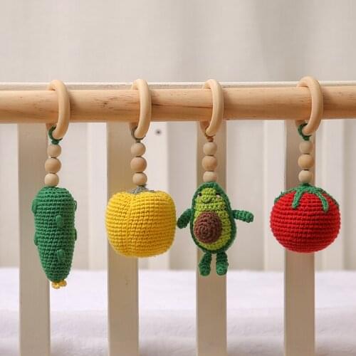 Baby Teether Wooden Pendant Crib Mobile Toy Chain Crochet Knitted Vegetable Infant Play Gym Handmade DIY Rattle Montessori Toy