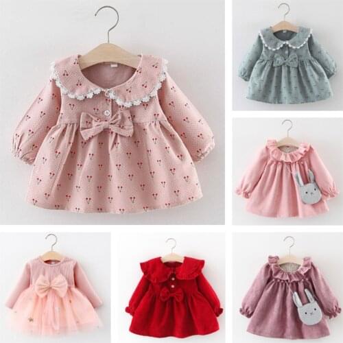 NEW Newborn Infant Baby Girls Kids Autumn Winter Dress Kids Christmas Floral Cherry Dot Cotton Bow Dress Outfits Set Clothes