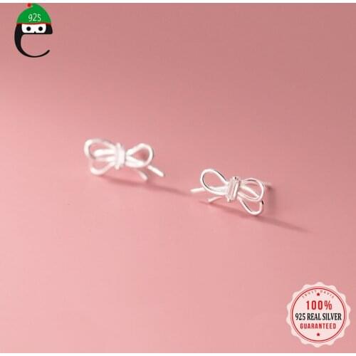 ElfoPlataSi Real 925 Sterling Silver Sweet Minimalist Bowknot CZ Charm Stud Earring for Women Wedding Mothers Day Jewelry DD992