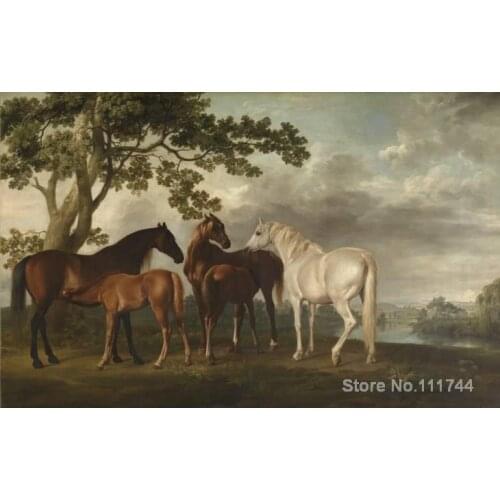 Mares and Foals in a River Landscape c. George Stubbs paintings living room decor Handmade High quality