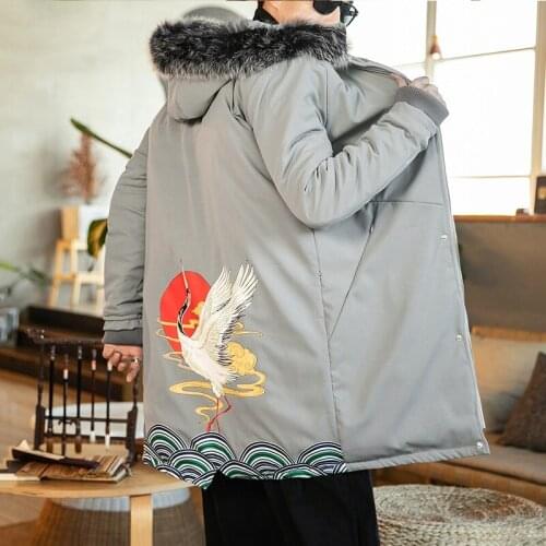 2019 Retro Long Sleeve Parkas Men Winter Jacket Warm Oversized Coat Hip-Pop Printing Crane Hooded Long Jackets For Men KK3042